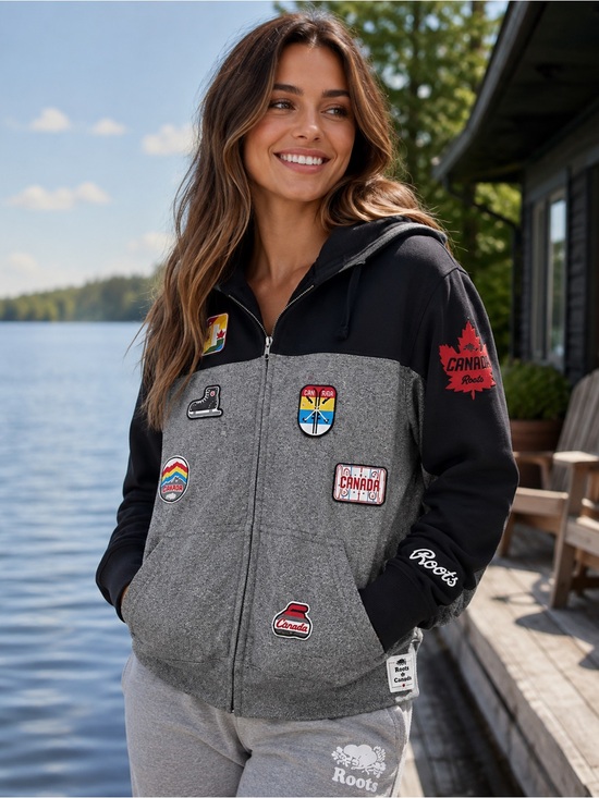 Roots Tops - Roots Limited Edition winter classic Medium Two-Tone Grey Patch Zip Hoodie